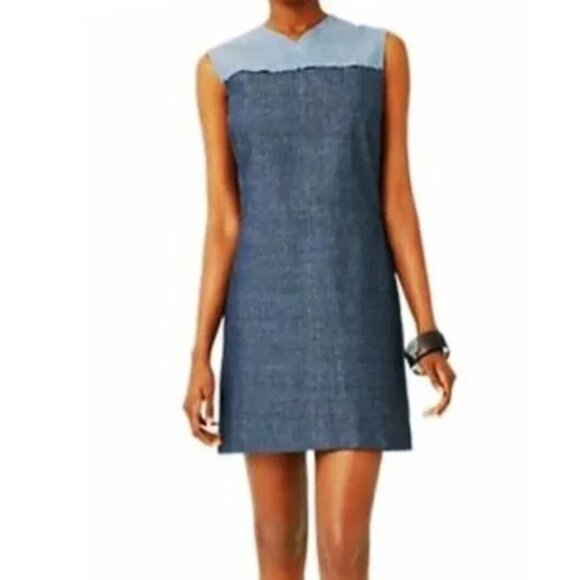 NWT Kate Spade Saturday Sleeveless Embroidered Panel 2-Tone Dress Sz L Chambray - Picture 1 of 16